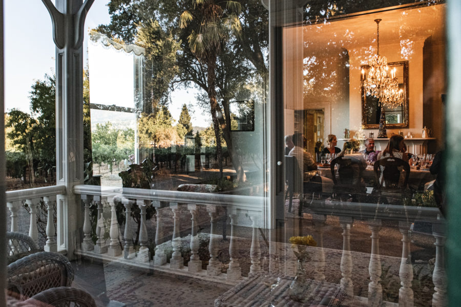 Outside looking in at the Thomas Arvid artists dinner hosted by Salvestrin Winery in St. Helena, CA Napa Valley